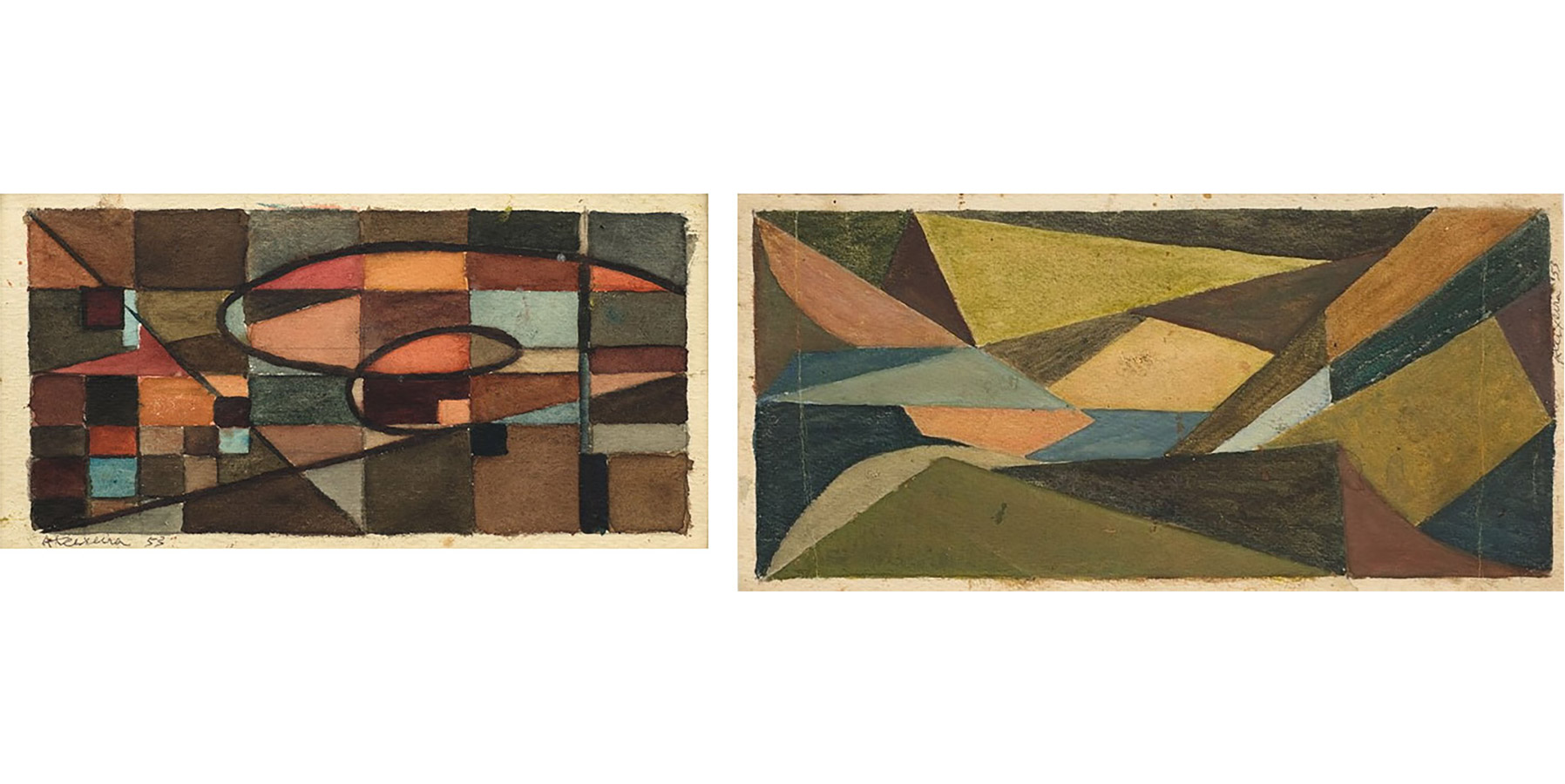 Alberto Teixeira Composição Estudo Aquarela e nanquim colorido S cartão 1953 11x20cm e Aquarela e nanquim colorido S cartão 1953 26x13cm